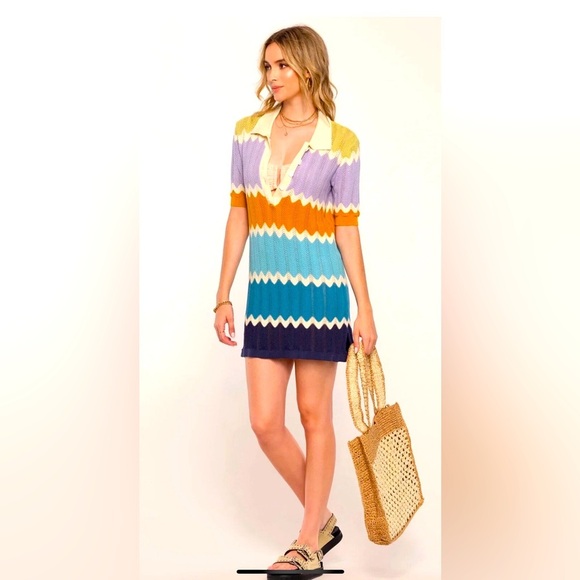 Heartloom Chevron Knit Laurent Beach Cover-Up Dress Sz M Cotton Polo Collar - Picture 1 of 13